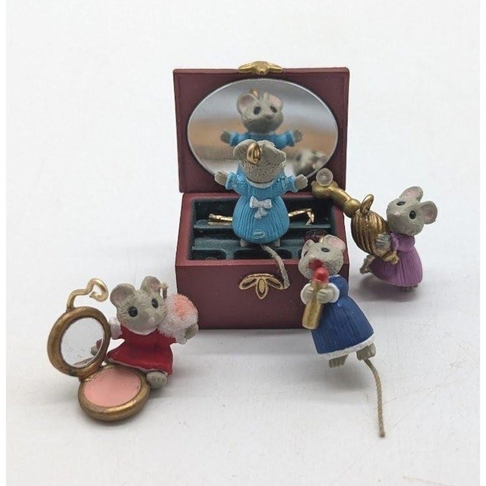 Vtg Hallmark Ornament Miniatures Tiny Treasures Mice Jewelry Box Set 4 Makeup